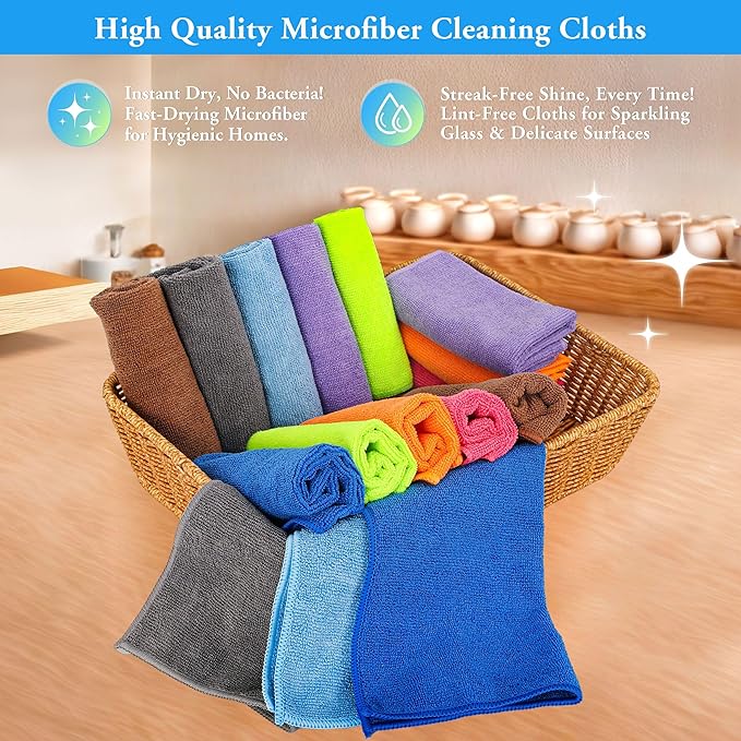 lucdnc Microfiber Cleaning Cloths 16 Pack 8 Color Cleaning Rags for Housekeeping Home Kitchen Bathroom Car,11.5"X11.5" Soft Lint Free Wet and Dry Use Dusting Cleaning Supplies Towels