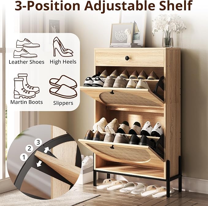 IRONCK Shoe Cabinet with 2 Flip Drawers, Shoe Storage Cabinet for Entryway, Free Standing Shoe Storage Organizer with Rattan Doors Slim Narrow Shoe Rack Cabinet, Oak