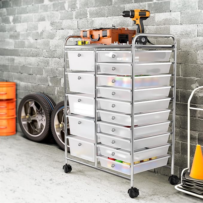 Simple Houseware 15 Drawers Rolling Utility Cart Art Craft Storage, Chrome | 2-Column, 35.8" Height, Lockable Wheels, for School, Office, Art Craft, and Paper Storage