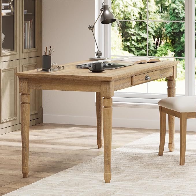 Polibi 60" Farmhouse Writing Desk with Drawer Keyboard Tray (Seadrift) | Turned Legs, Quick Assembly, Pre-Assembled Top, For Home Offices, Writing, Computer Workstations.