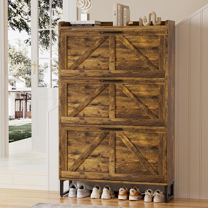 EOYUTLLY Shoe Cabinet Storage for Entryway, Narrow Shoe Rack with 3 Flip Drawers, Freestanding Hidden Shoe Rack Storage Organizer, Slim Shoe Cabinet Rustic Brown with Metal Legs