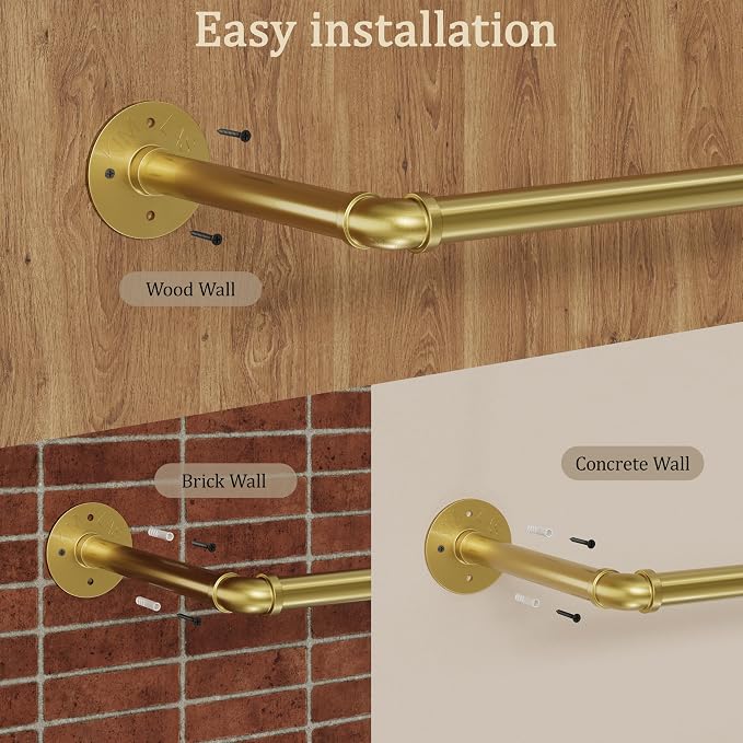 Wall Mounted Clothes Rack 2 Pack, Industrial Pipe Clothing Rack 32 Inch Gold, Wall Clothes Hanger for Bedroom, Cloakroom, Closet, Hallway, Boutique Display, Drying Racks Wall-Mount for Laundry