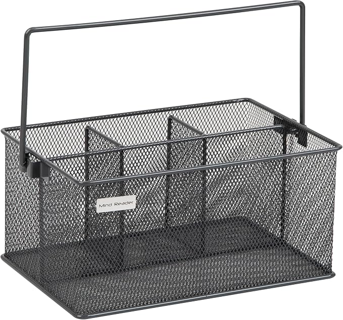 Mind Reader Multi-purpose Storage Caddy with Handle, Desktop Organizer, Cutlery Holder, 4 Compartments, Metal Mesh, Gray