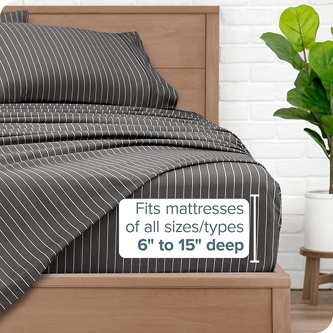 Bare Home California King Sheet Set - Luxury 1800 Ultra- Soft Double Brushed Microfiber - Deep Pockets - Easy Fit - 4 Piece Bedding Sheet Set (California King, Pinstripe - Grey/White)