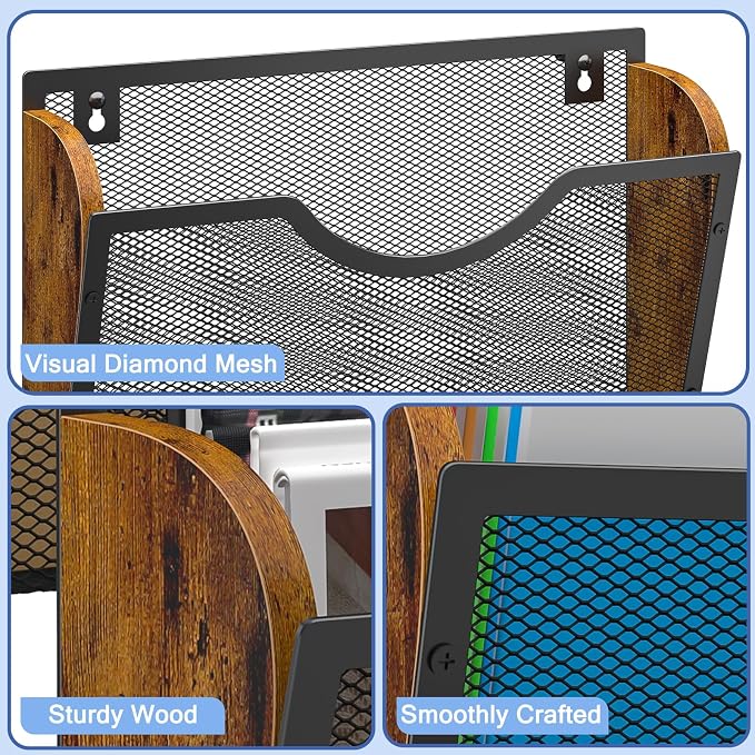 Sbanmao 3 Pack Wall File Organizer, Metal Mesh Hanging File Folder Holder for Letter/A4 Size Folders, Wall Mounted File Holder, Mail Organizer for Office Home Classroom Paper, Document Organization