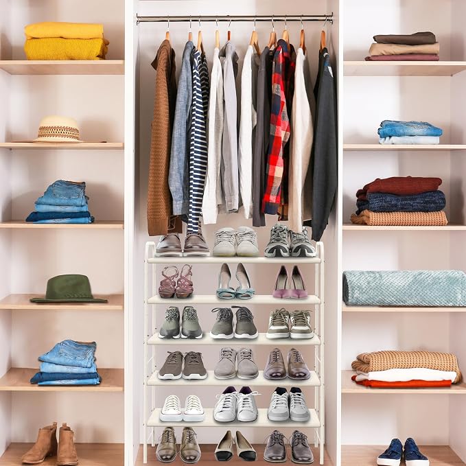 Simple Houseware 5-Tier Shoe Rack Storage Organizer, 15-24 Pairs, White | Space-Saving Shoe Shelf with Sturdy Metal Frame and Non-Woven Fabric Shelves for Entryway, Garage & Corridor