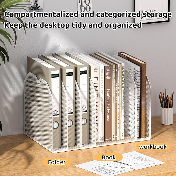 FANXIYQ White 7-Section File Folder Organizer for Desk, Metal Vertical File Holder Stand, Desktop File Organizer Rack for Letter/A4 Folders, Papers, Books, Office Classroom Home