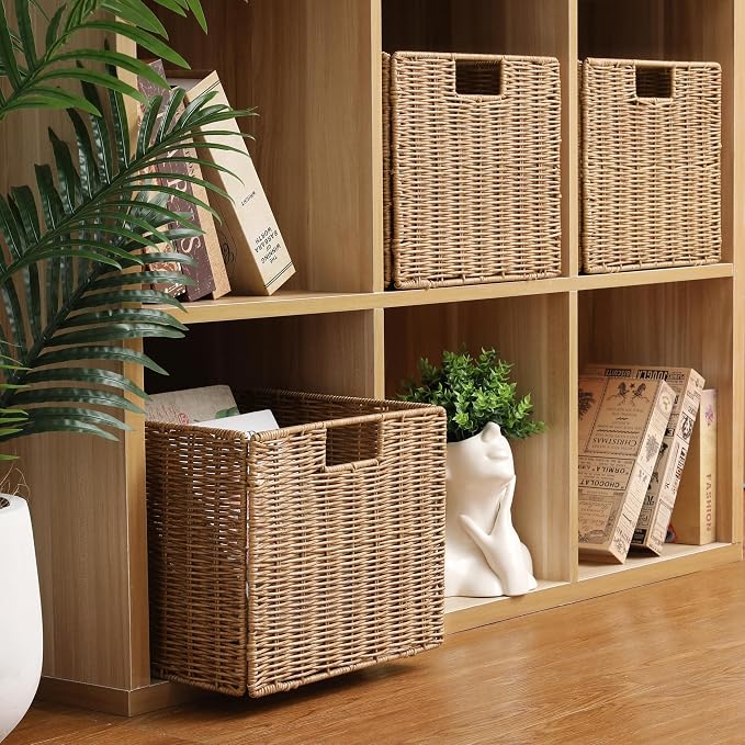 12X12X10in Plastic Wicker Storage Basket, Collapsible Wicker Cube Storage for Shelves, Woven Plastic Storage Basket for Pantry, Bedroom, Living Room, Bathroom, Shelves-3 Pack
