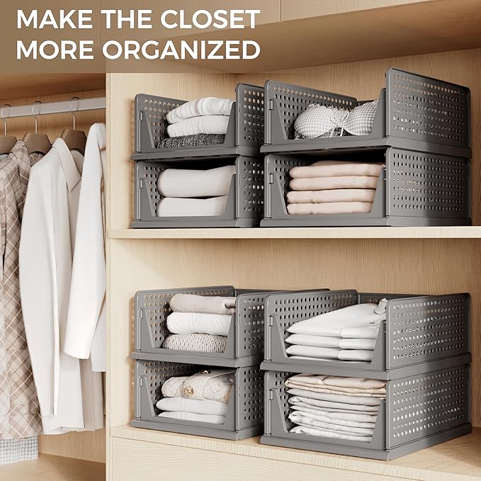 PinkPum 6 Pack Closet Organizers and Storage Plastic Stackable Storage Bins, Foldable Drawer Shelf Storage Container for Wardrobe Kitchen Bathroom Dorm Black