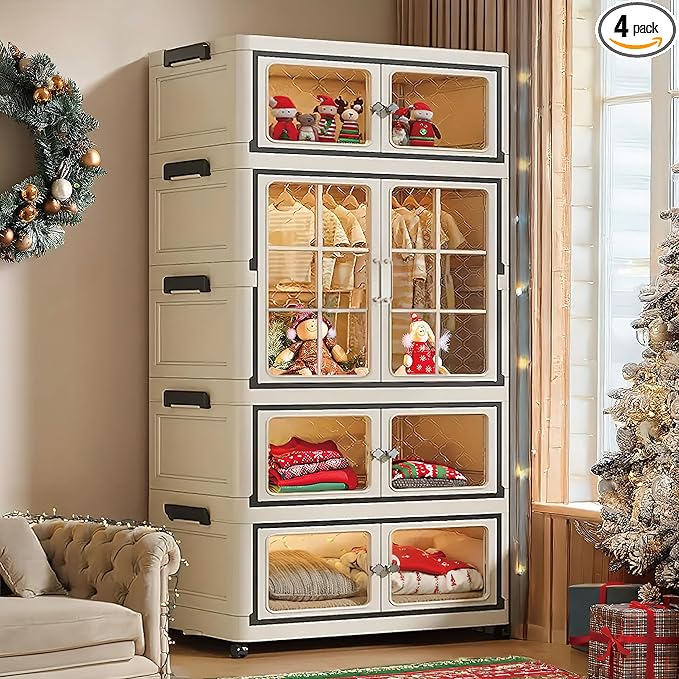 SunSettler Storage Cabinets with Lids, Stackable Storage with Wheels, Collapsible Storage with Doors, Home Office Dorm Organizer Essential