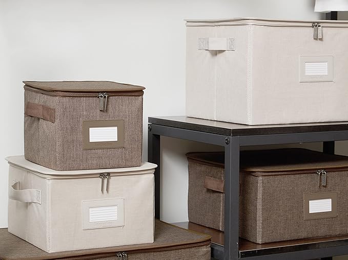 Covermates Keepsakes Zip-Top Storage Box Set, 3 Pack Heavy Duty Polyester Organizer Bins, Stackable Design, ID Window, Reinforced Handles, Closet Home Storage, Brown Heather