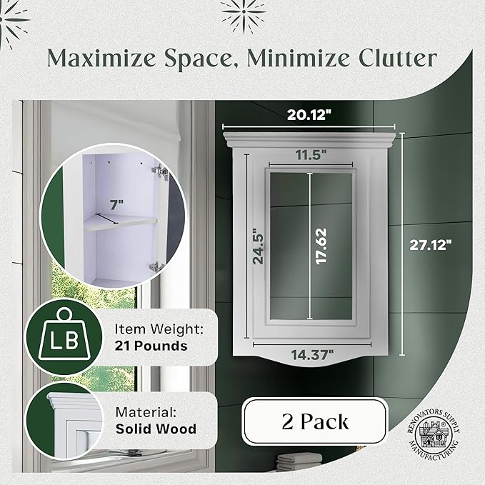 Renovators Supply Corner Medicine Cabinet with Mirror - Wall Mount Wooden Bathroom Medicine Cabinet - Double Shelf Storage Cabinet with Hardware - Hanging Bathroom Cabinet - White, Pack of 2