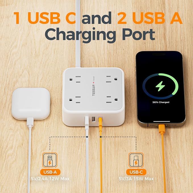 TESSAN Surge Protector Power Strip, 5 Ft Flat Plug Extension Cord with 3 USB (1 USB C) 8 Outlets, 900J Protection, 3 Sided Outlet Extender with Power Switch for Office, Dorm Room, Grey | 8 AC with 3 USB Ports (1 USB C), Flat Plug Extension Cord, 3 Side...
