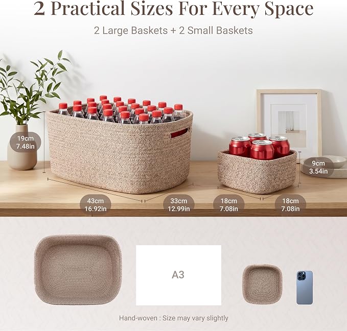 4-Pack Large Woven Rope Storage Baskets, 2 Sizes Organizer Bins | Fabric Cube Boxes and Rectangular Shallow Bins for Closet, Shelf, Bookshelf, Nursery, Changing Table, Bathroom, Toys & Home
