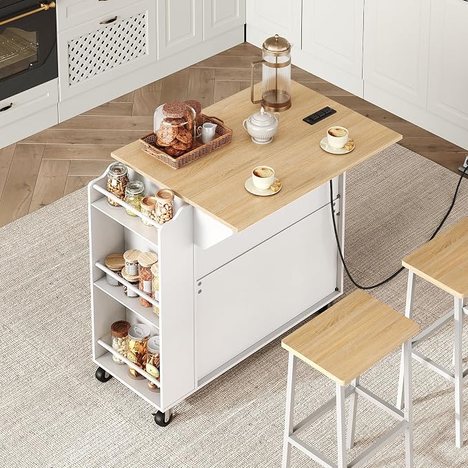 RALGEND Kitchen Island with Power Outlets & Drop Leaf, Rolling Kitchen Cart on Wheels, Kitchen Storage Island with Spice Rack and Drawer, Mobile Island Table for Kitchen, Dinning, White and Natural
