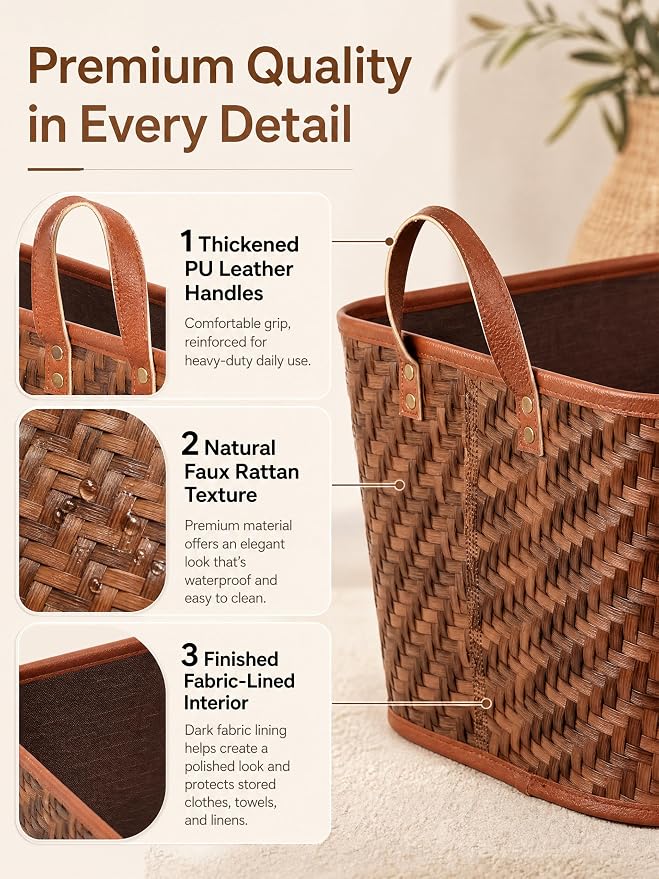 BROWNLILY Oversized Storage Baskets Laundry Hampers with Structured Frame & Supported Bottom, Extra Large Closet Bins for Shelves Blankets Car Bedroom Bathroom Organizers (Pack of 4, Brown)