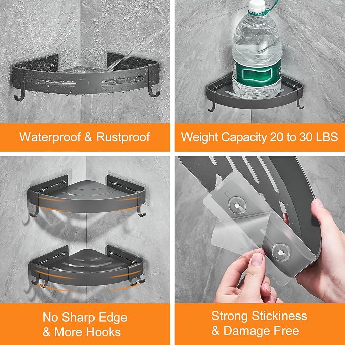 DUFU Adhesive Corner Shower Caddy with Hooks, Grey, 2 Pack | Bathroom Shower Organizer, No Drilling Rust Proof Aluminum Shower Shelf for Inside Shower