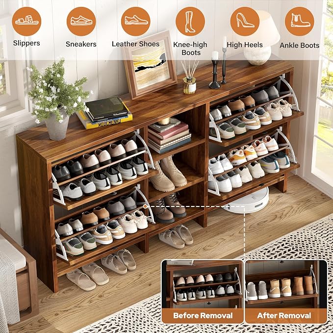 knoworld 63" Wood Rattan Shoe Storage Cabinet for Entryway, Walnut | Slim Hidden Shoe Cabinet, Narrow Shoe Organizer Cabinet with 4 Flip Drawers, 3-Tier Shelves for Hallway Foye Entrance