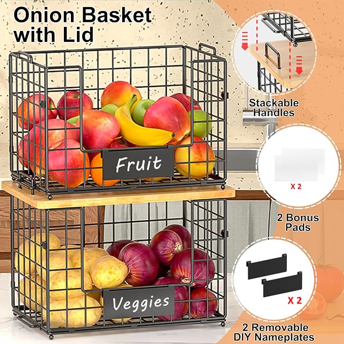 2-Pack Stackable Wire Baskets with 2 Pads & Bamboo Top, Pantry Organizer | Potato and Onion Storage Bin with Labels, Organize Produce/Fruit/Vegetable on Kitchen Counter, Cabinet or Under Sink, XL