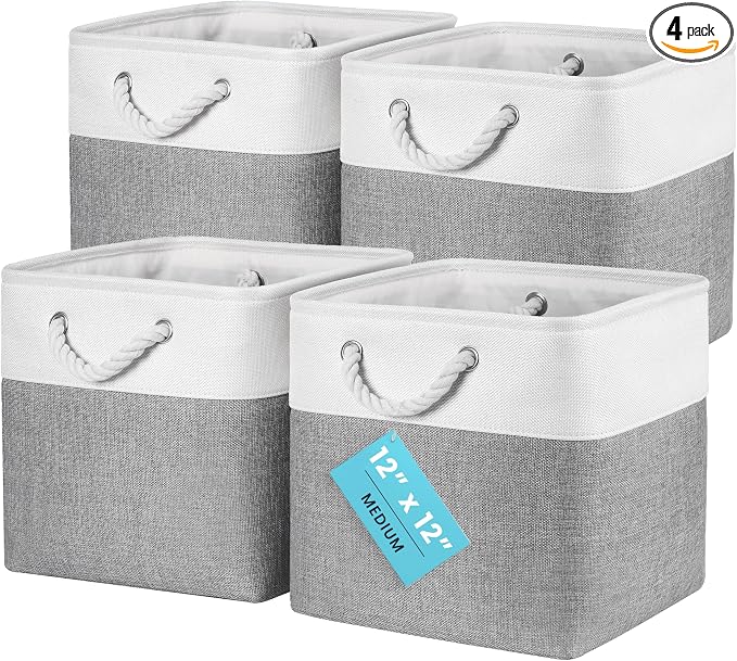 OrganiHaus 12x12 Cube Storage Bins 4 Pack, Foldable Cube Storage Organizer w/ Rope Handles, Collapsible Fabric Bins for Toys, Clothes & Closet Organization, Fabric Square Baskets - Gray/White