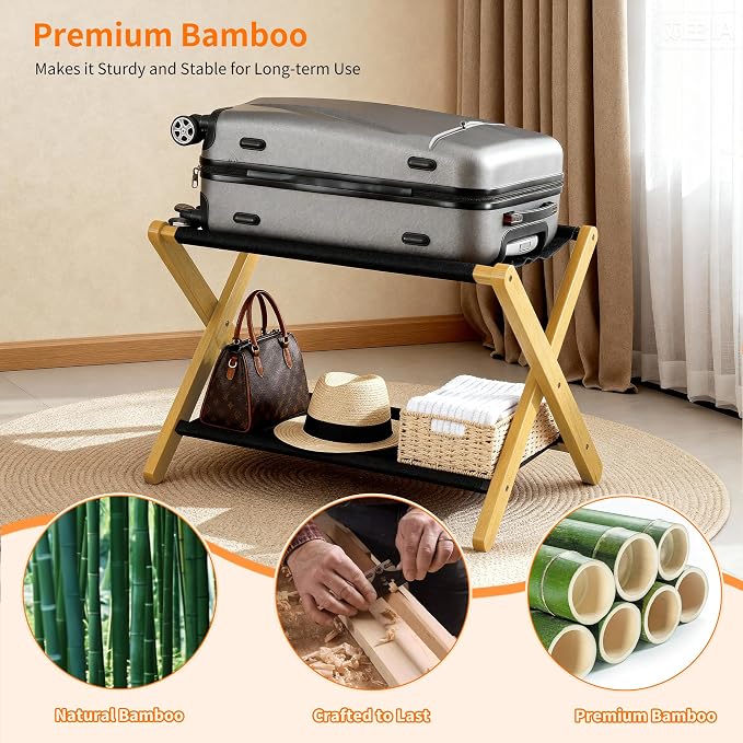 Heybly Luggage Rack, Folding Suitcase Stand with Storage Shelf, Heavy-Duty Luggage Holder for Guest Room Bedroom Hotel, Holds up to 165 lb, Natural, HLR010N1