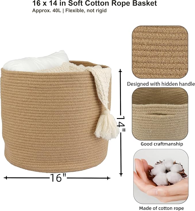 XUANGUO Jute Rope Woven Basket, 16x14 in Kids Laundry Basket | Round blanket basket and small laundry basket; baby hamper or nursery storage bin for girls, boys, toys, clothes and shoes