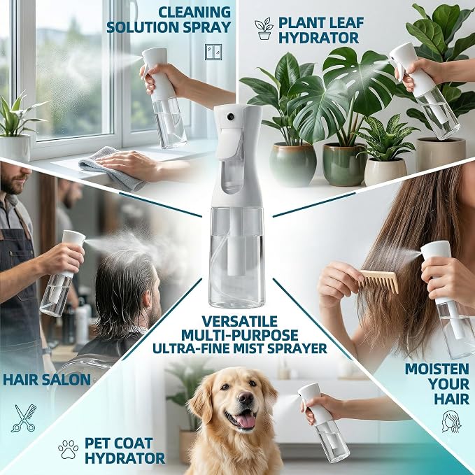 Continuous Spray Bottle 6.8oz / 200ml, Fine Mist Water Spray Bottle for Hair, Plants, Pets, Mister Spray Bottles for Cleaning, Barber, Salons