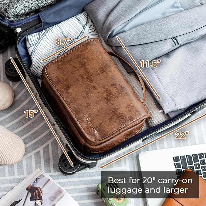 Elviros Hanging Toiletry Bag Removable Travel Bag PU leather Makeup Cosmetic Organizer Kit, Dark Brown | Removable Travel Organizer Bag for Cosmetics, Toiletries, Makeup Tools, and Daily Essentials with Easy Carry Design
