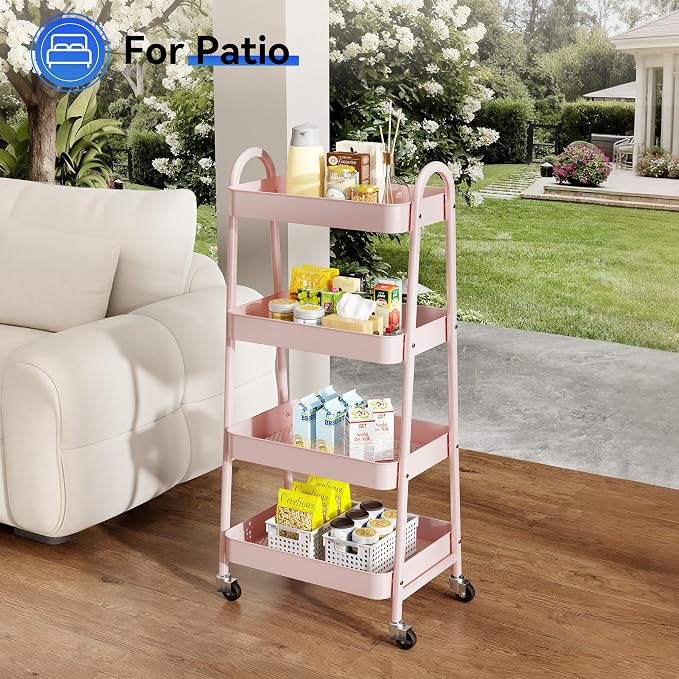 NEWBULIG 4-Tier Metal Rolling Storage Cart, Heavy Duty Mobile Utility Organizer Shelf with Lockable Wheels, Multifunctional Trolley for Daily Supplies, Home Indoor Daily Use, Pink