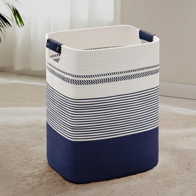 85L Tall Woven Laundry Basket Hamper with Leather Handles,Navy | 17"x14"x22", collapsible wicker hamper, storage for dirty clothes, toys, blankets, gifts, living room, bedroom, bathroom