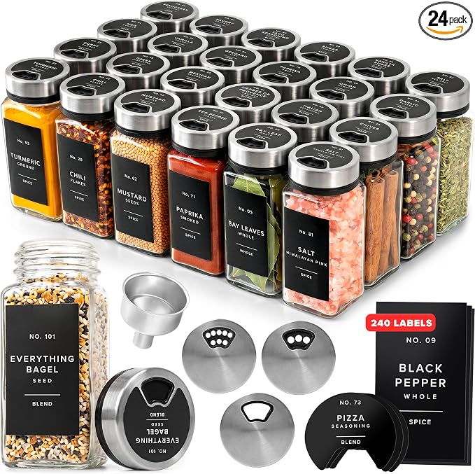 EDELHAUS Glass Spice Jars with Label and Silver Sprinkle Lids (24 x 4oz) | Airtight Lids keep spices fresh, Kitchen Spice Drawer Organizer, 4oz Seasoning Containers incl. Funnel, Brush & 240 Labels