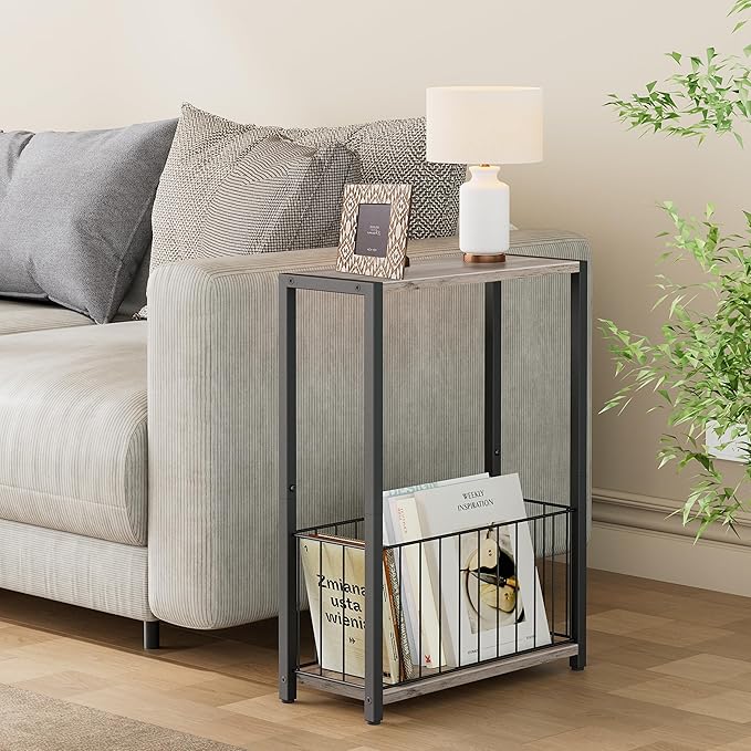 Homleke Narrow Side Table with Magazine Holder, Skinny End Table | Space-Saving Design, Small Spaces, Storage Shelf, Metal Frame, Easy Assembly, 7.1" D x 16.9" W x 23.6" H, Greige