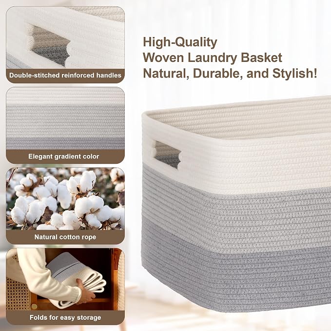 72L Large Woven Laundry Basket Hamper with Handles, Gradient Grey | 22"x17"x12", collapsible wicker hamper, storage for dirty clothes, toys, blankets, gifts, living room, bedroom, bathroom
