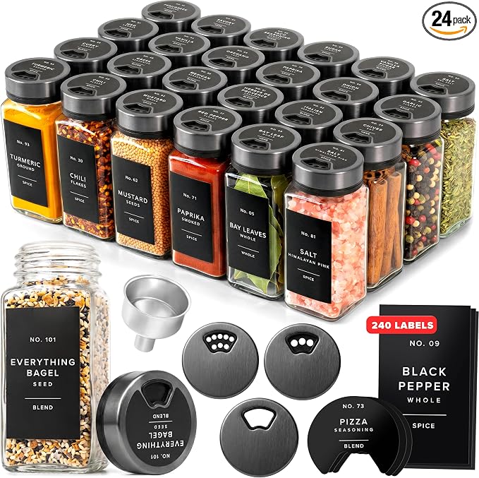 EDELHAUS Glass Spice Jars with Label, Space Gray Sprinkle Lids (24 x 4oz) | Airtight Lids keep spices fresh, Kitchen Spice Drawer Organizer, 4oz Seasoning Containers incl. Funnel, Brush & 240 Labels
