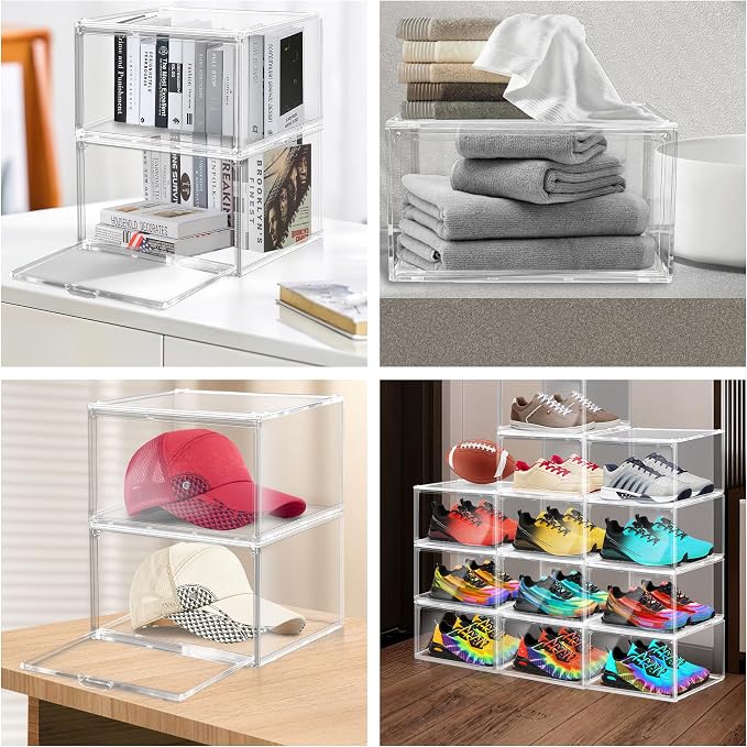 2 Pack Plastic Shoe Storage Boxes Fit US Size 13, Clear Stackable Shoe Display Case with Magnetic Acrylic Door, Shoe Containers for Sneaker Storage, Hats, Figure, Collectible