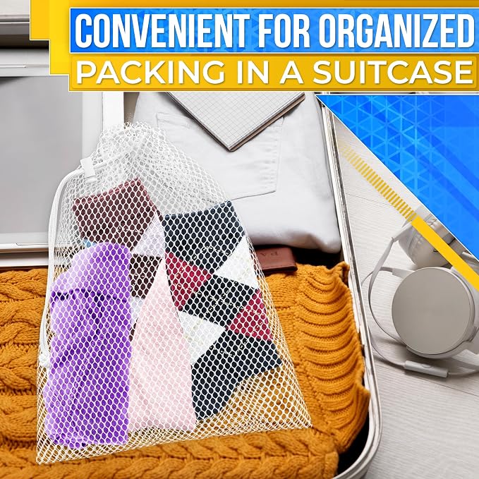 5 Pcs Small Mesh Bags with Tight Closure, 11.8 x 7.48", Nylon (White) | Mesh Laundry Bags Drawstring for Delicates; Multipurpose for Storing Balls, Clothes, Sports Gear, Beach Supplies & Travel Use