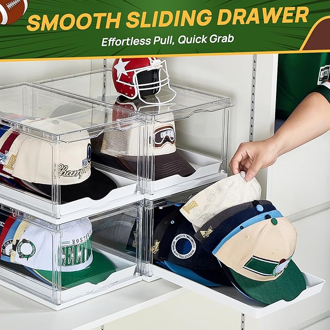 Vtopmart 1 Pack Hat Organizer for Baseball Caps, Clear Hats Holder Box with Drawer, Large Cap Storage with Sliding Tray, Stackable Rack Display Case with Magnetic Door, Each Holds 12 Hats