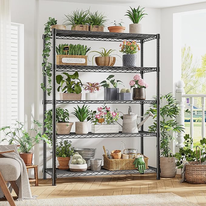 REIBII 1984LBS Heavy Duty Wire Shelving Unit with Wheels, 75.2" H Storage Shelves, 5 Tier Adjustable Metal Shelving for Pantry Kitchen Garage,No-Tools Installation, 75.2" H x 35.5" W x 16" D, Black