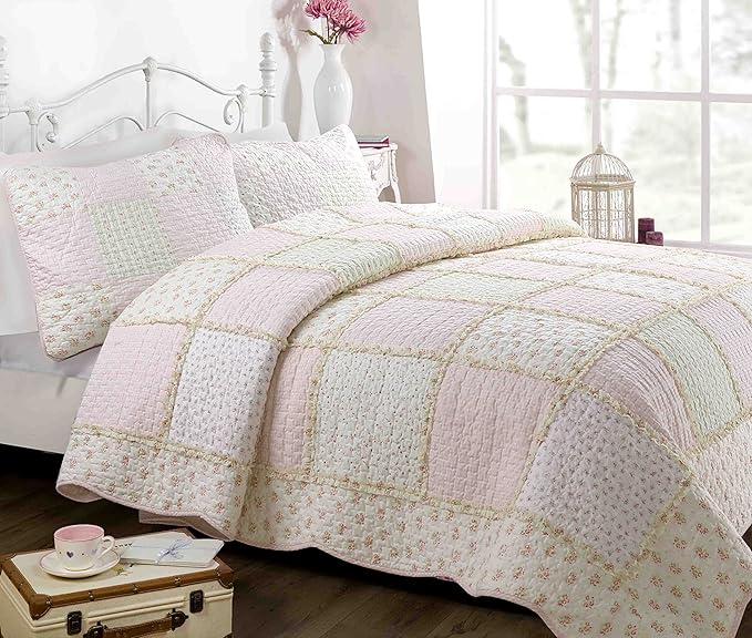 Cozy Line Home Fashions Floral Light Pink True Patchwork 100% Cotton Girl Quilt Bedding Set, Reversible Coverlet Bedspread (Sweet Peach, Twin - 2 Piece)