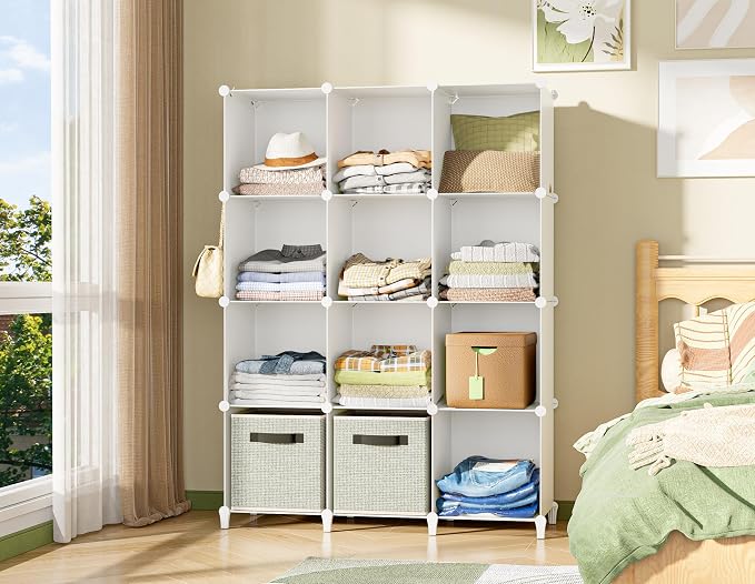 Closet Organizer, 12 Cube Closet Organizers and Storage, Portable Closet Shelves Clothing Storage, White