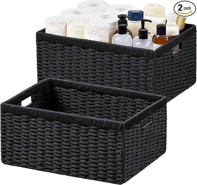 UBBCARE 2 Pack Wicker Basket, 16.5L×13H×7.5W inch Woven Paper Rope Storage Baskets for Shelves, Foldable Rectangular Storage Baskets with Handle, Storage Basket for Organizing, Black