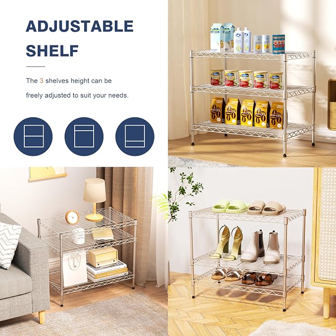 3-Tier Wire Shelf Rack,Kitchen Metal 3-Shelves Rack with Lockable Wheels | 24" Dx14 Wx22 H,Height Adjustable Wire Shelving Unit and Storage for Living Room,Laundry,Office,Pantry,Studio