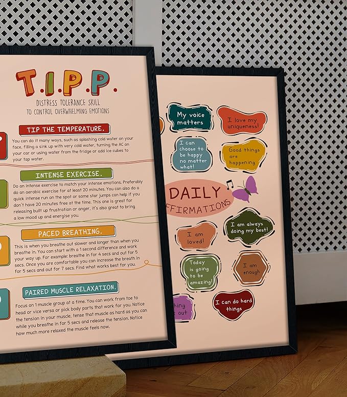 LOLUIS Mental Health Poster, Boho Therapy Tools Educational Supplies Art Print Classroom School Office Decor (Tipp Distress Tolerance Skill, Custom Frame Type)