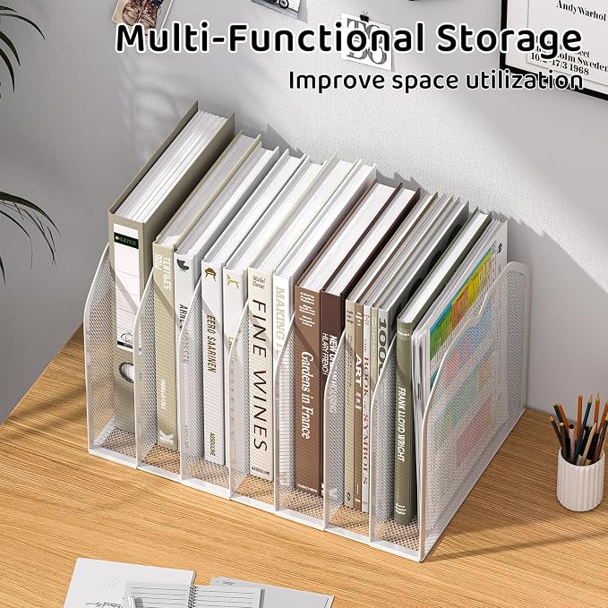 FANXIYQ White 7-Section File Folder Organizer for Desk, Metal Vertical File Holder Stand, Desktop File Organizer Rack for Letter/A4 Folders, Papers, Books, Office Classroom Home