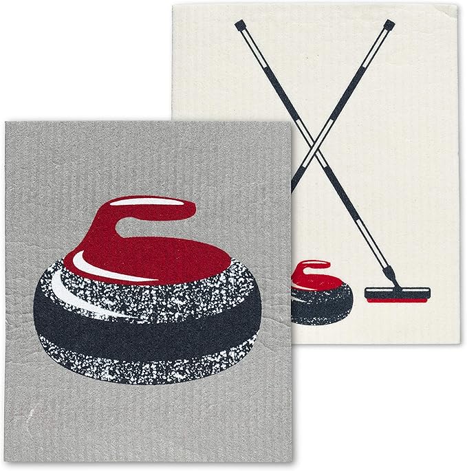 Abbott Collection Curling Rock & Brooms Dishcloths. Set of 2-6.5X8 L