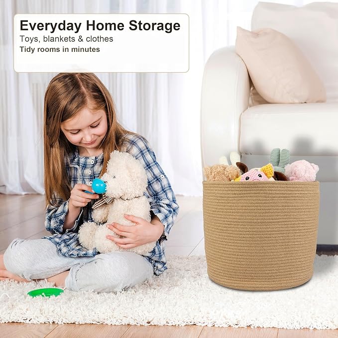 XUANGUO Jute Rope Woven Basket, 16x14 in Kids Laundry Basket | Round blanket basket and small laundry basket; baby hamper or nursery storage bin for girls, boys, toys, clothes and shoes