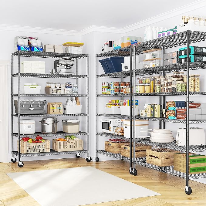 Romorgniz 82" H X45 W X18 D Storage Shelves with Wheels, 6 Tier Wire Shelving Adjustable Metal Shelving Pantry Shelves Capacity 1200LBS for Garage, Pantry, Kitchen, Closet, Black,2P