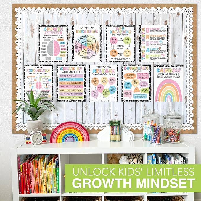 Hadley Designs 9 Mental Health Posters for Classroom - School Counselor Office Must Haves, Mental Health Therapy Office Decor, Growth Mindset Posters, Wheel of Feelings Chart, Pastel Classroom Decor