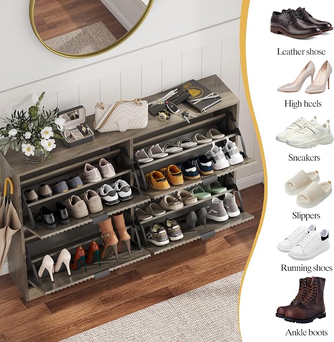 HUANLEGO Shoe Cabinet Storage for Entryway with 4 Flip Drawers, Grey Fluted Shoe Cabinet with Adjustable Shelves, Wooden Hidden Shoes Rack Freestanding Narrow Slim Shoes Storage for Hallway, Entrance