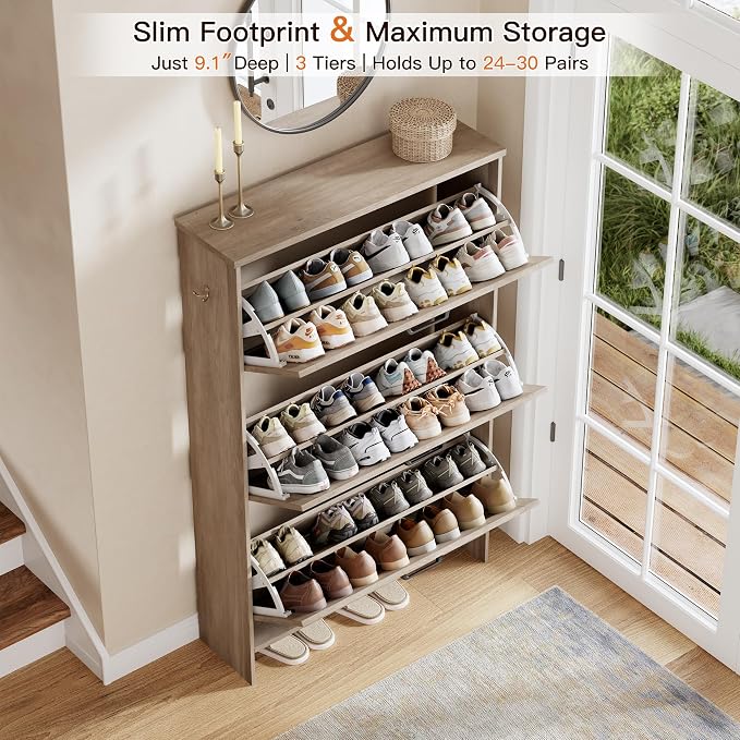 Nicetree Ultra Slim Shoe Cabinet – Shaker Barn Door & 3 Flip Drawers, Farmhouse Gray Finish – Freestanding Shoe Rack with 3-Tier Adjustable Shelves – Perfect for Narrow Entryways, Hallways, and Foyers